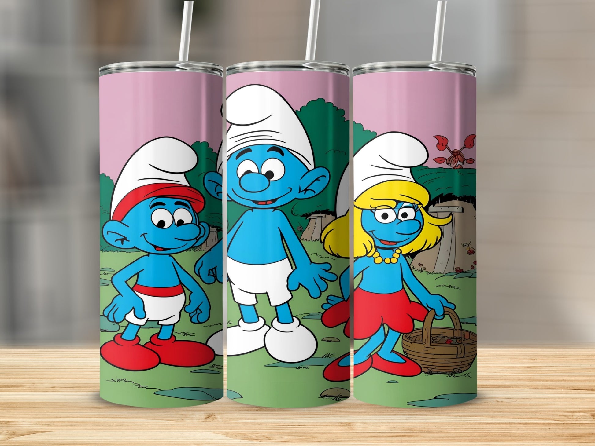 Smurf characters Papa Smurf, Smurfette, and a blue Smurf on a pink background.