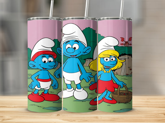 Smurf characters Papa Smurf, Smurfette, and a blue Smurf on a pink background.