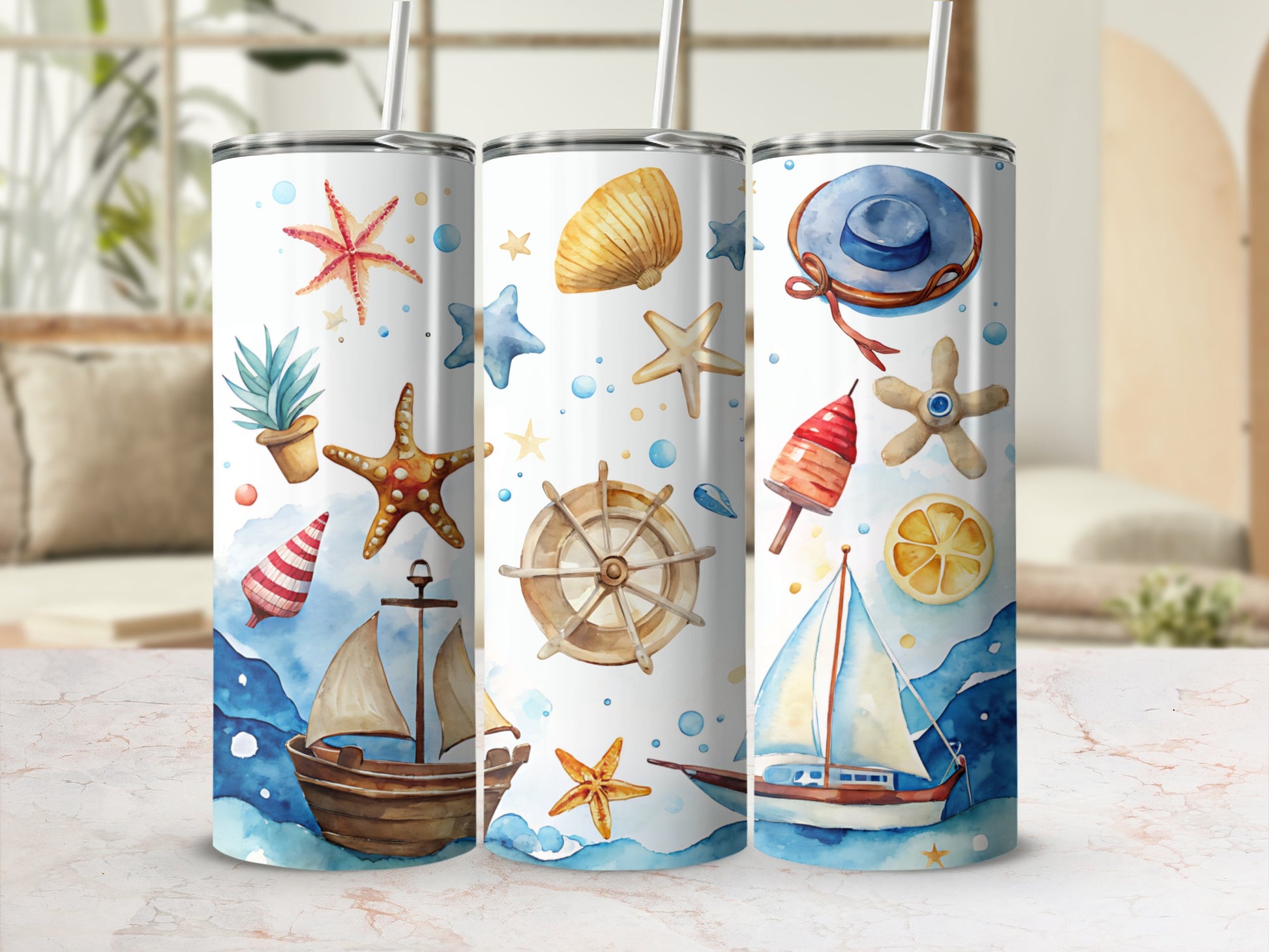 Beach scene with sailboats, starfish, and a blue hat on tumblers.