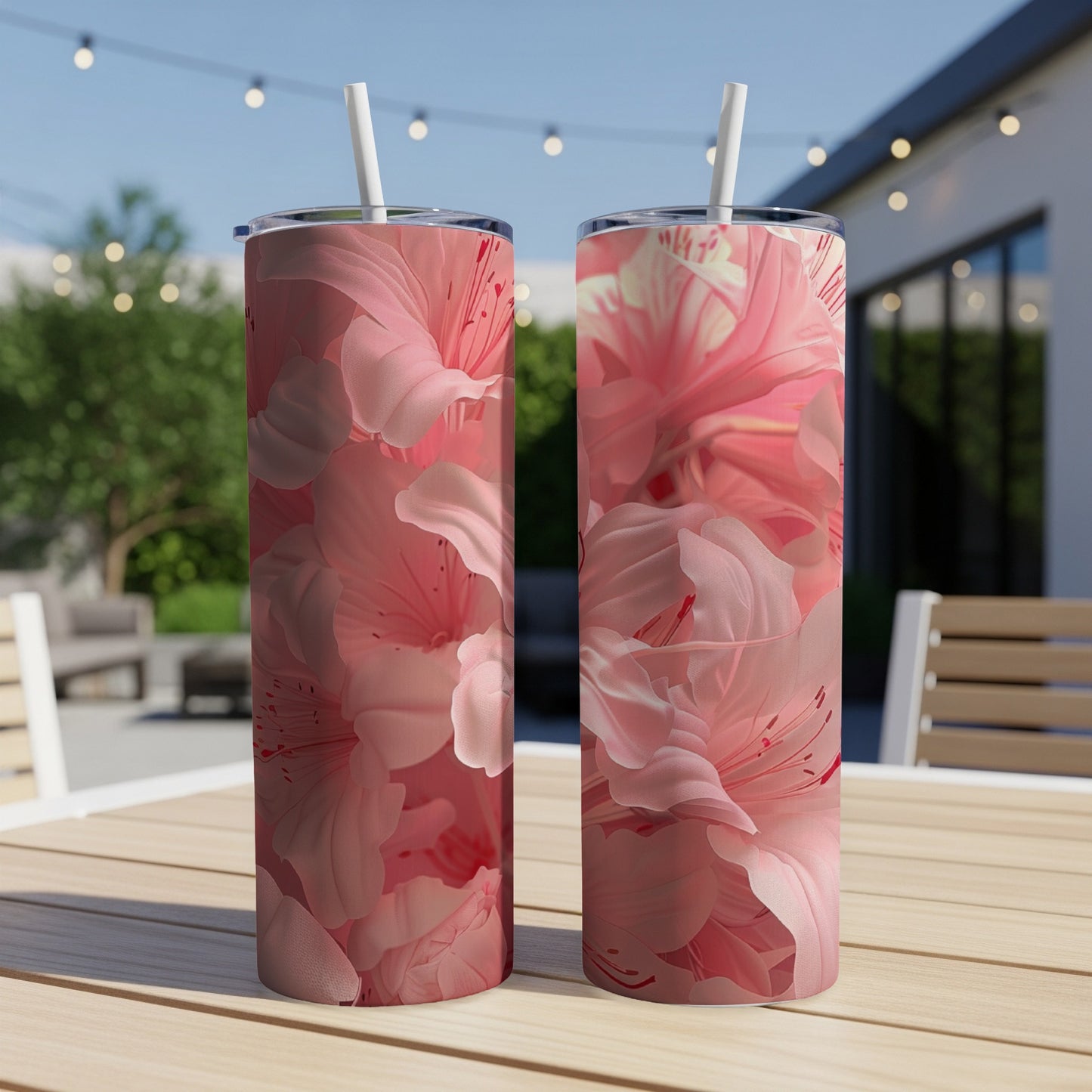 Two pink floral patterned tumblers on a wooden table.