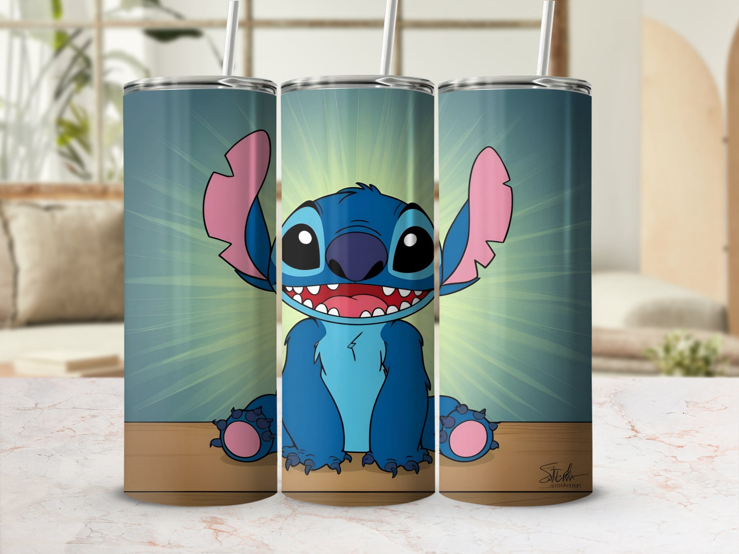 Tervis 20 oz tumbler with Stitch character smiling on a blue sunburst background.