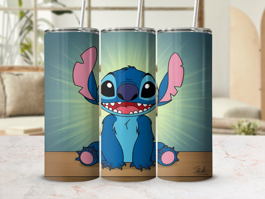 Tervis 20 oz tumbler with Stitch character smiling on a blue sunburst background.