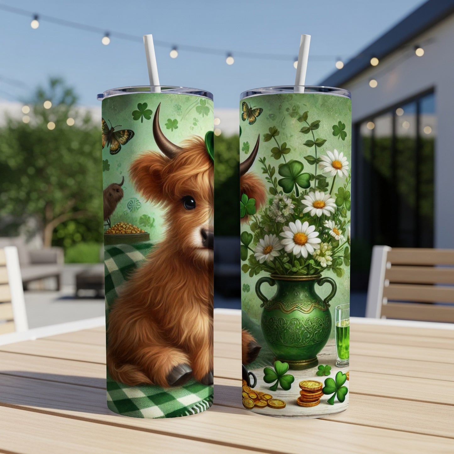 Two St. Patrick's Day themed tumblers with a Highland cow and clover decoration.