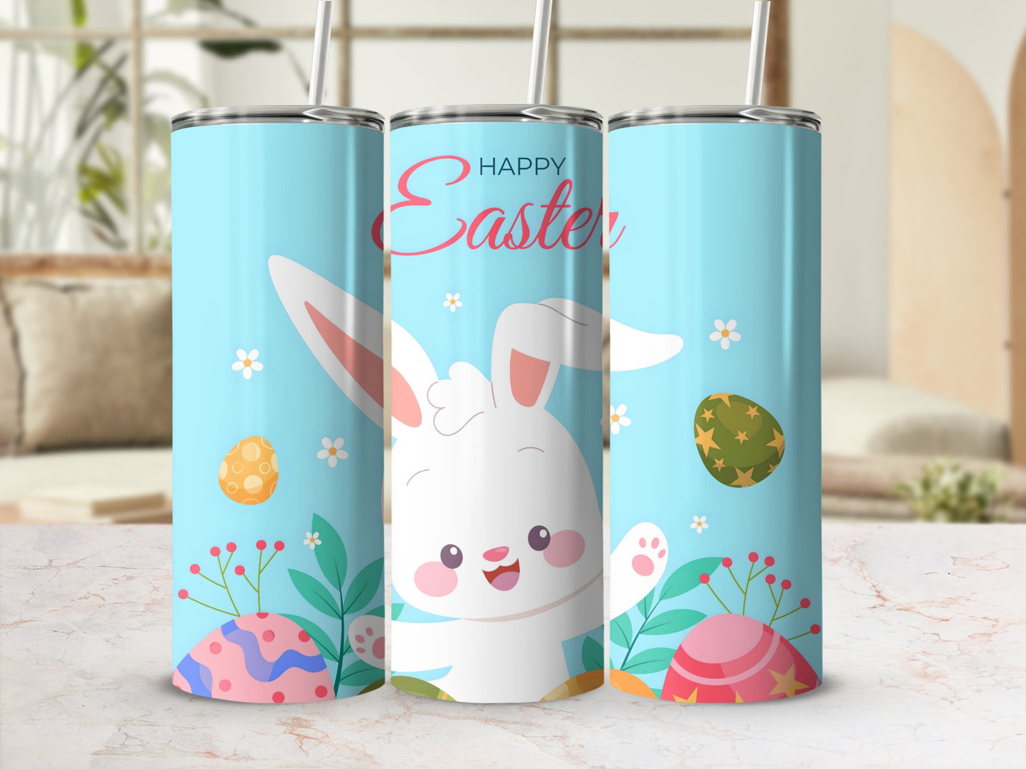 Happy Easter Bunny and Eggs Drink Tumbler Cup