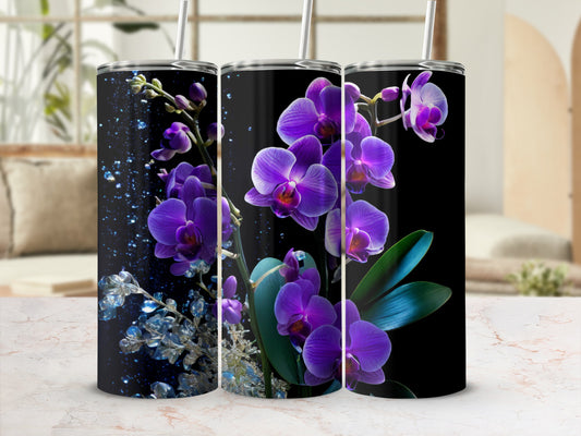 Purple orchids and abstract blue bubbles on a dark tumbler.