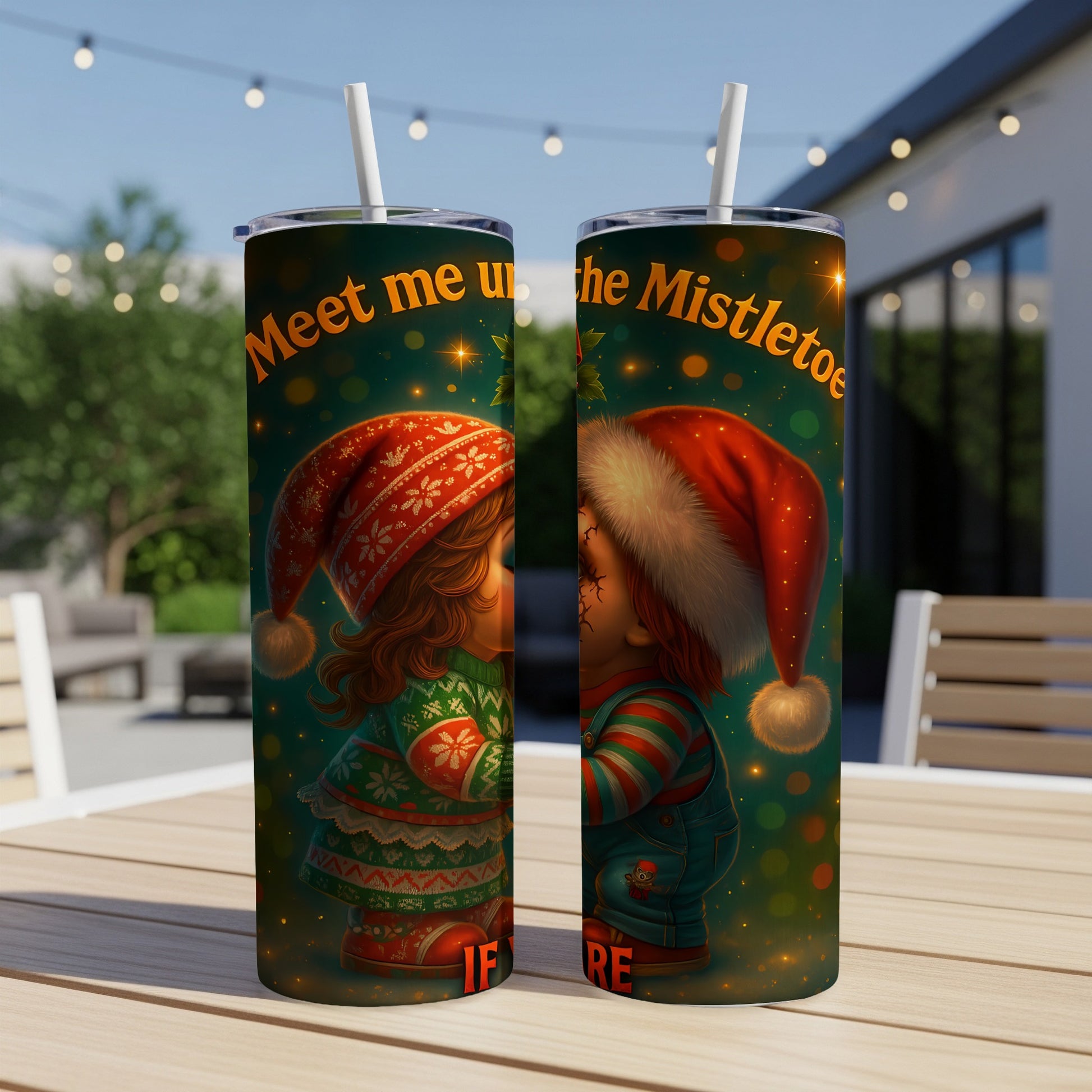 Two tumblers featuring Chucky and Tiffany characters in Christmas attire with "Meet me under the Mistletoe" text.