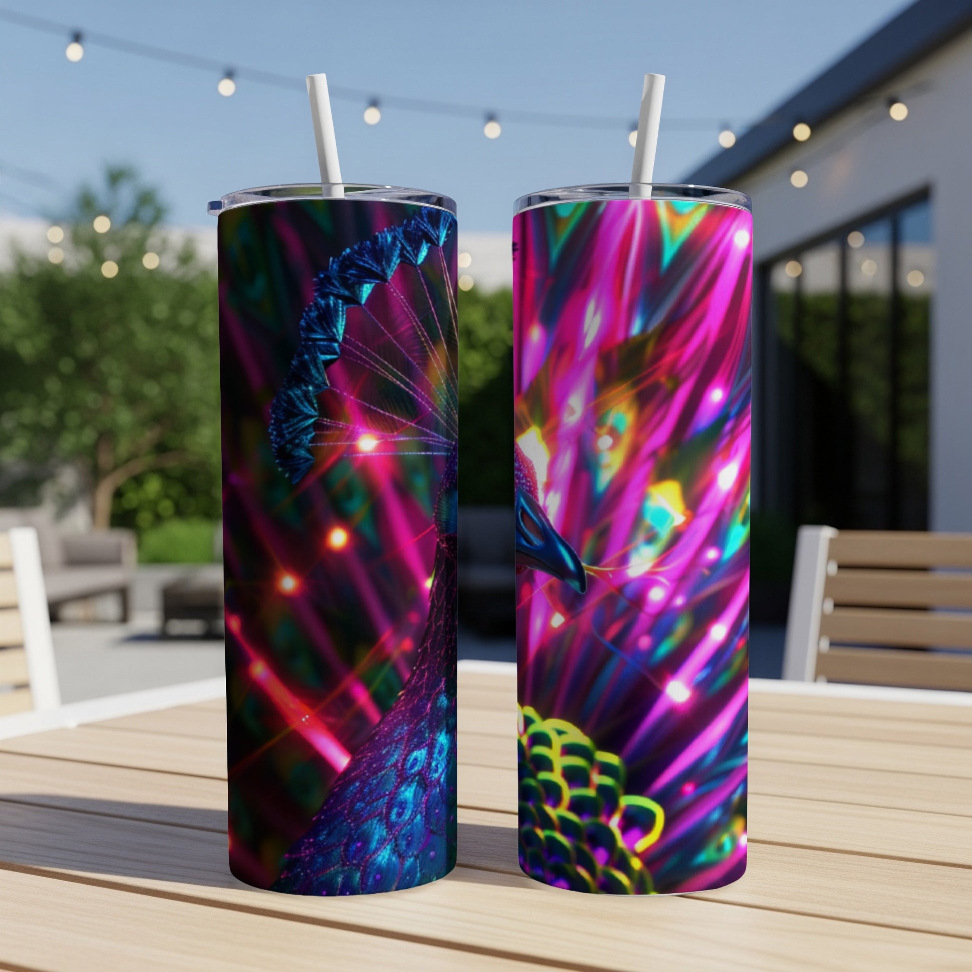 Two tumblers with a vibrant peacock feather design and colorful bokeh lights.