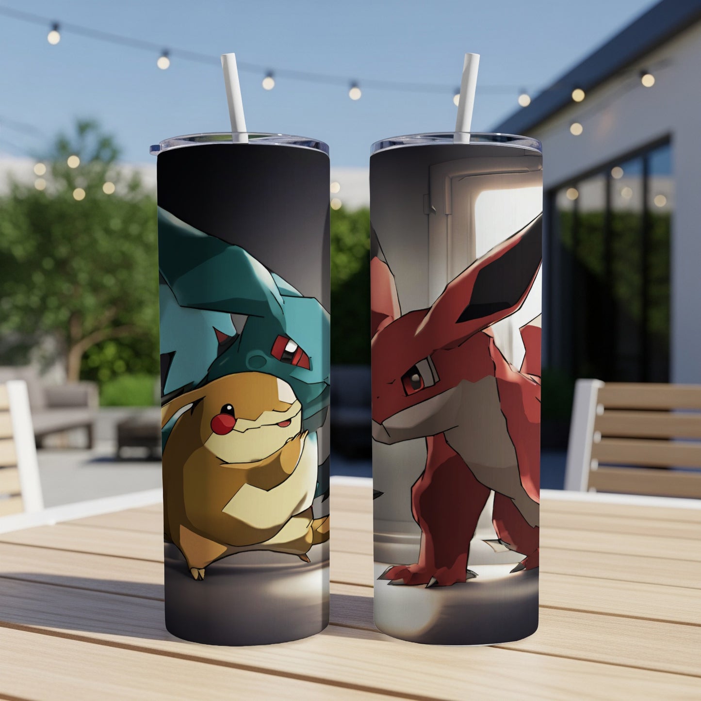 Pikachu and a red-and-black creature on a tumbler.