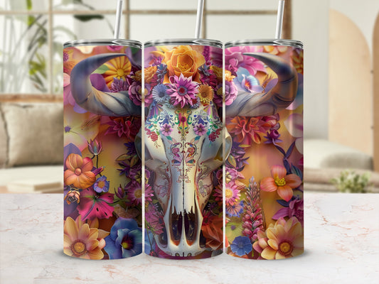 Bull skull adorned with colorful flowers and intricate floral patterns.