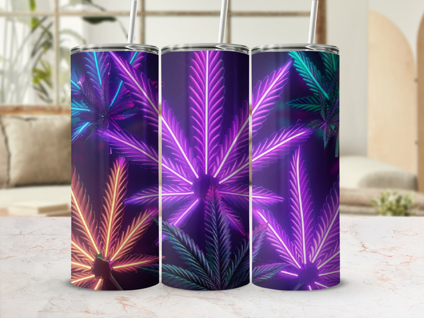 Three purple neon cannabis leaves on a dark background.