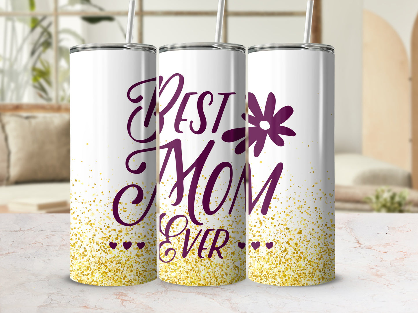 Tumbler with "Best Mom Ever" text and gold glitter design.