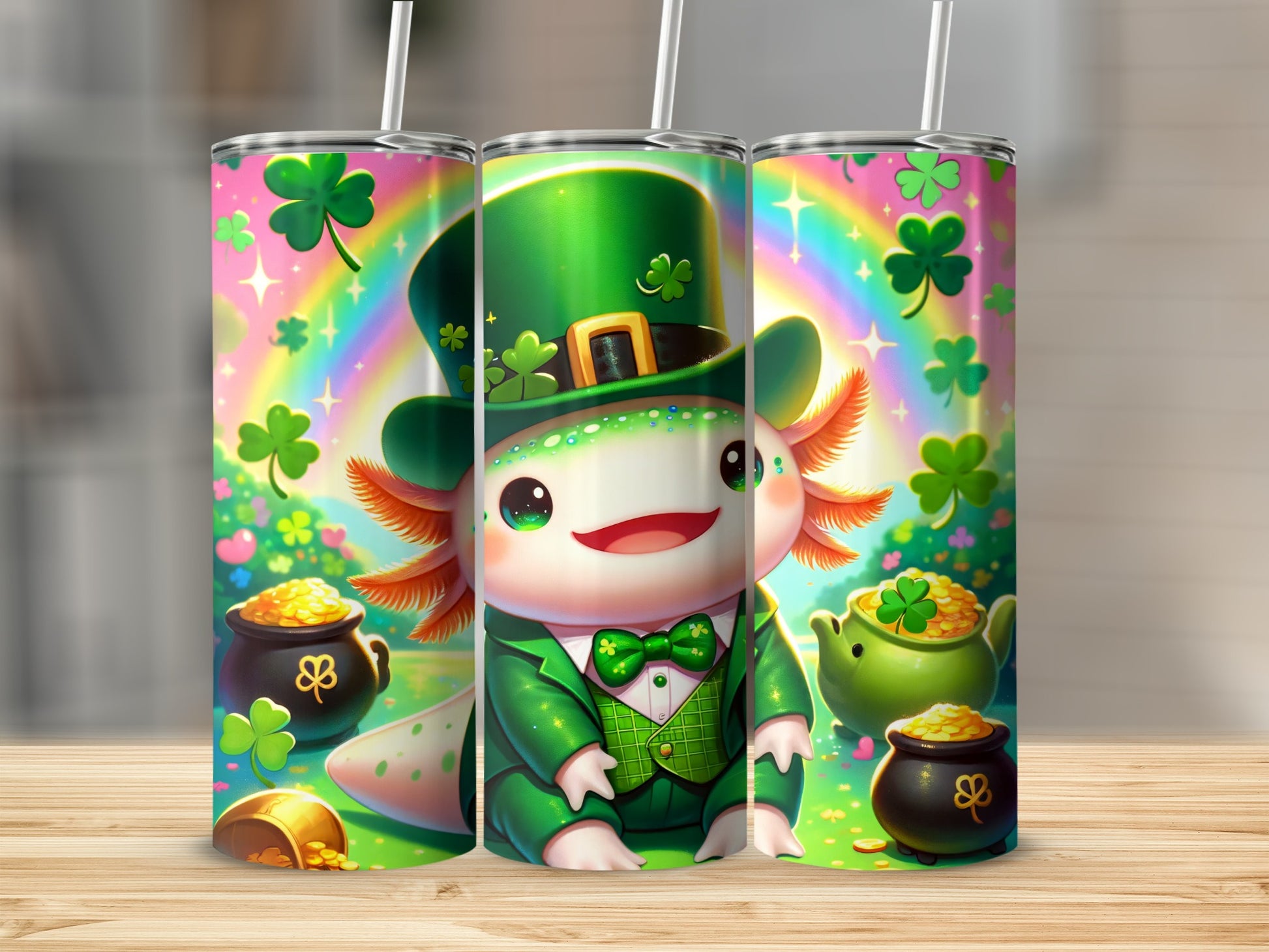 Cute axolotl in green suit and hat with shamrocks and pots of gold.