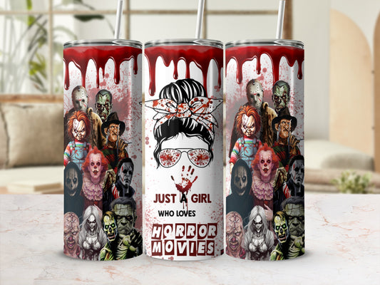 Tumbler with horror movie characters and text "Just a girl who loves horror movies".