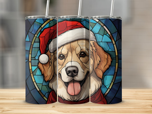 Golden retriever in Santa hat and scarf against stained glass.