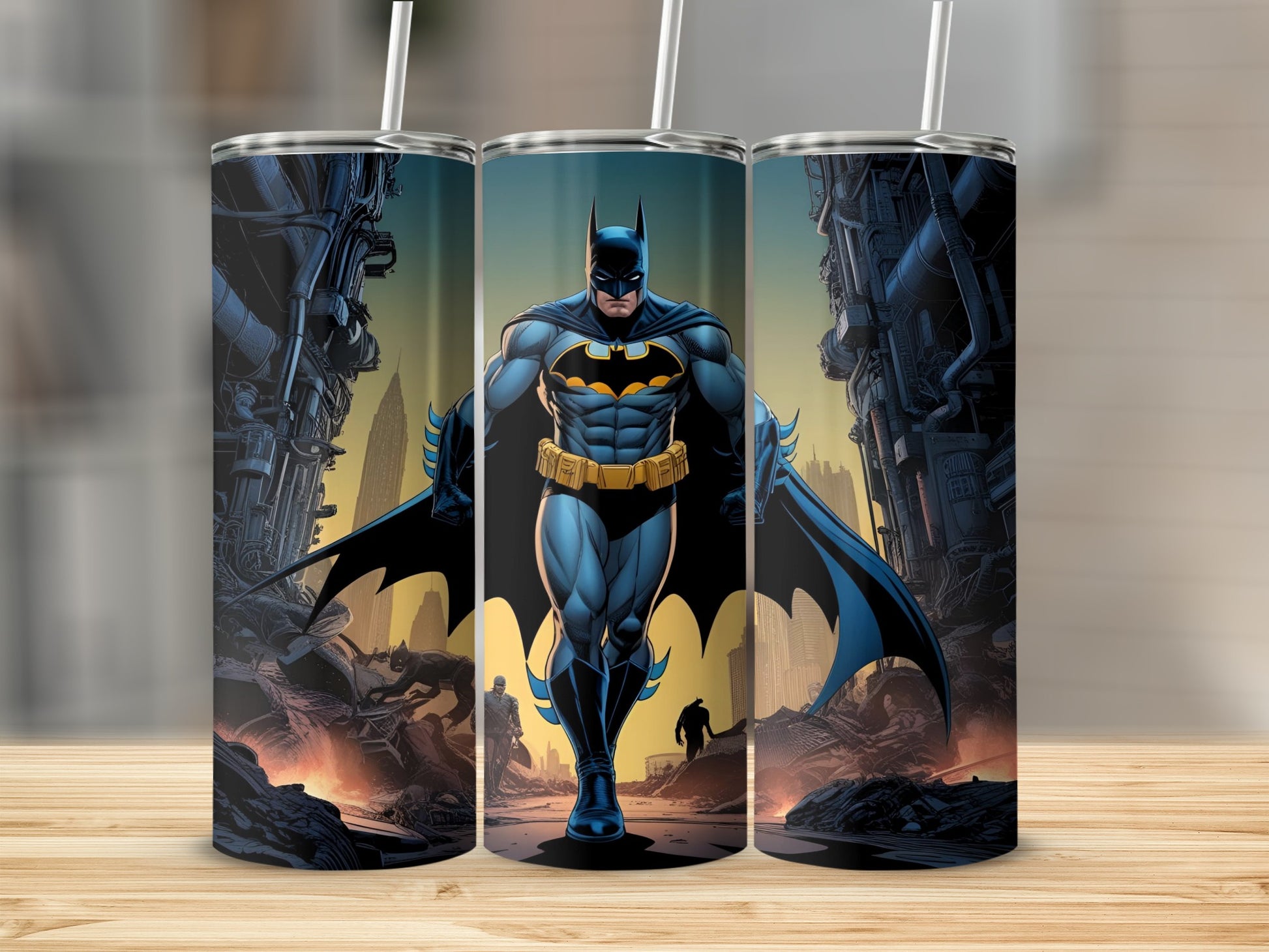 Batman walking forward through city ruins, digital art on tumblers.