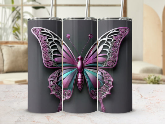 Gray tumbler with large pink and teal butterfly design.