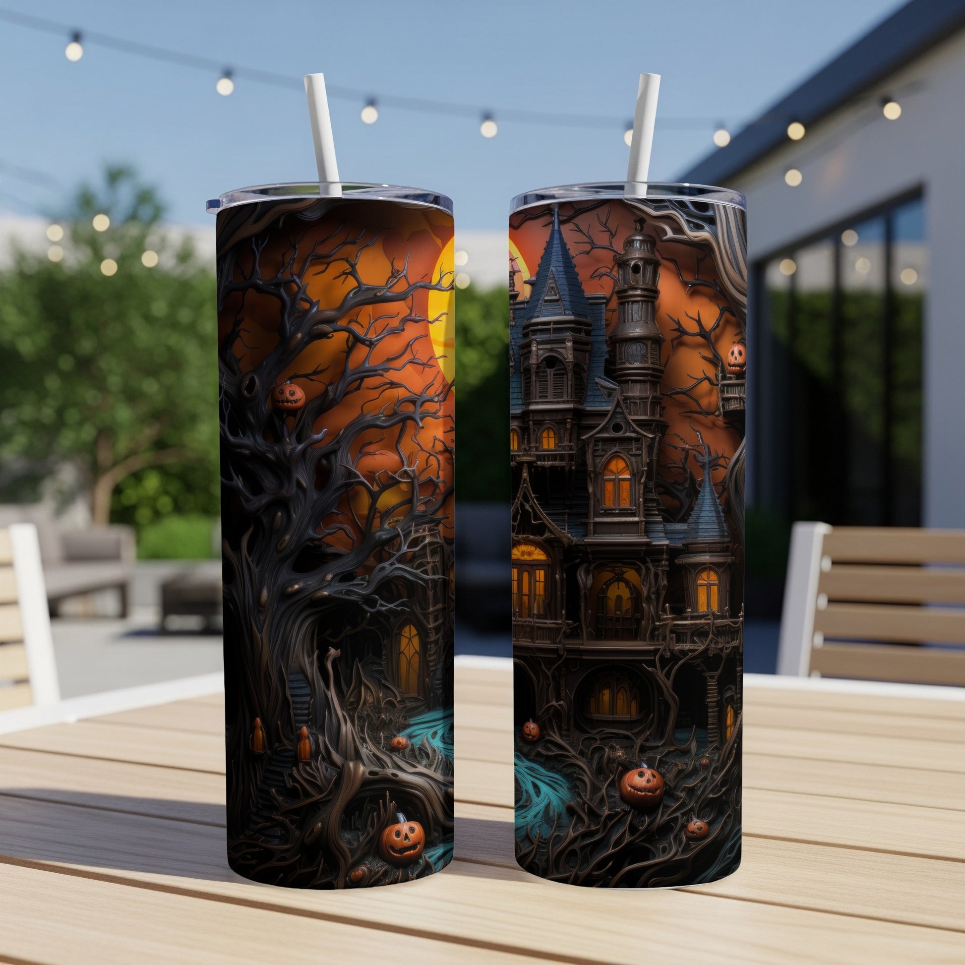 Halloween tumblers featuring a spooky haunted house and gnarled trees.