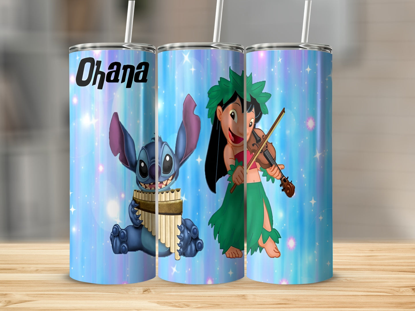 Stitch playing panpipes and Lilo playing violin on a starry, pastel background.