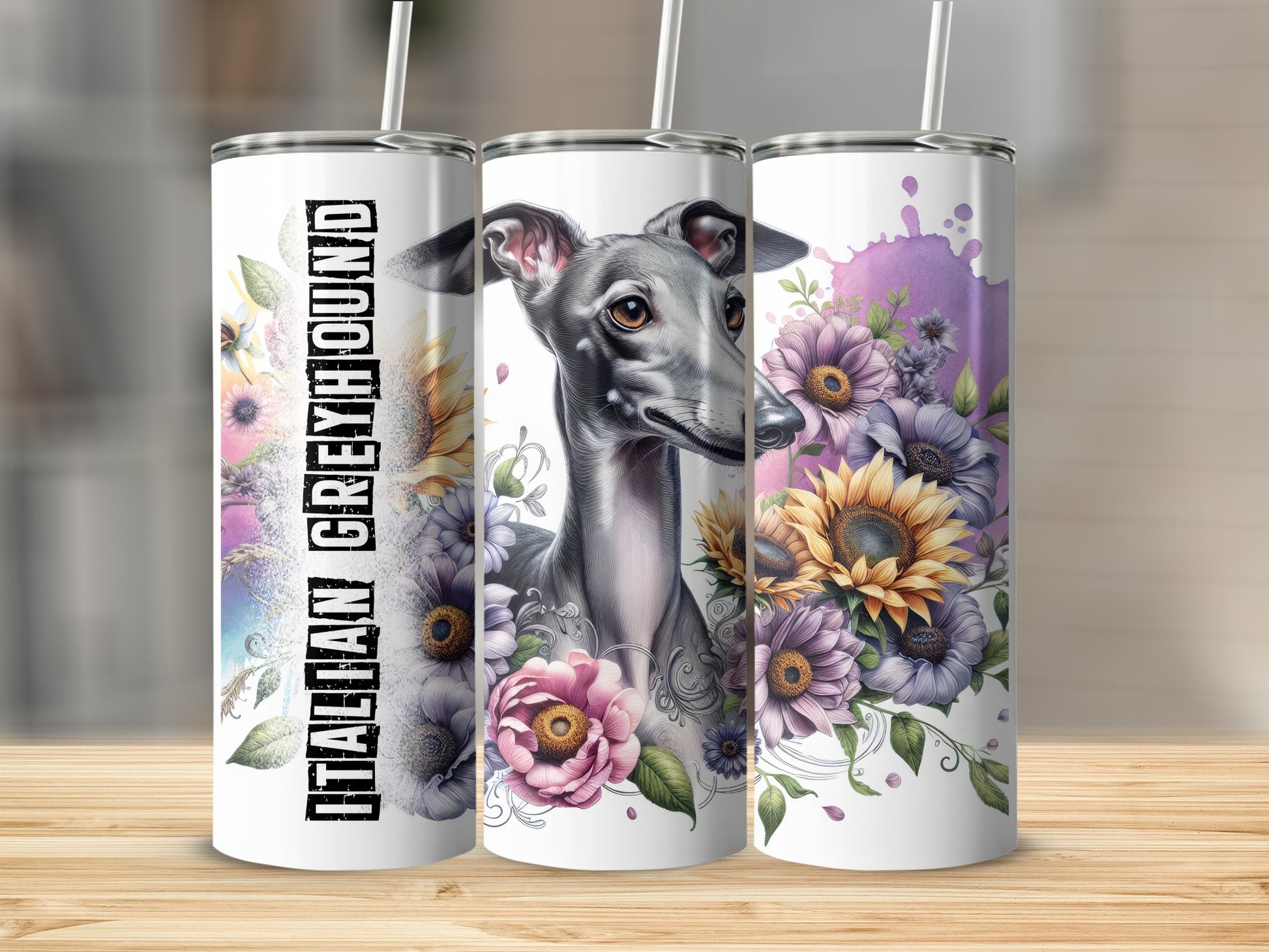 Italian Greyhound illustration with sunflowers and floral accents on a tumbler.