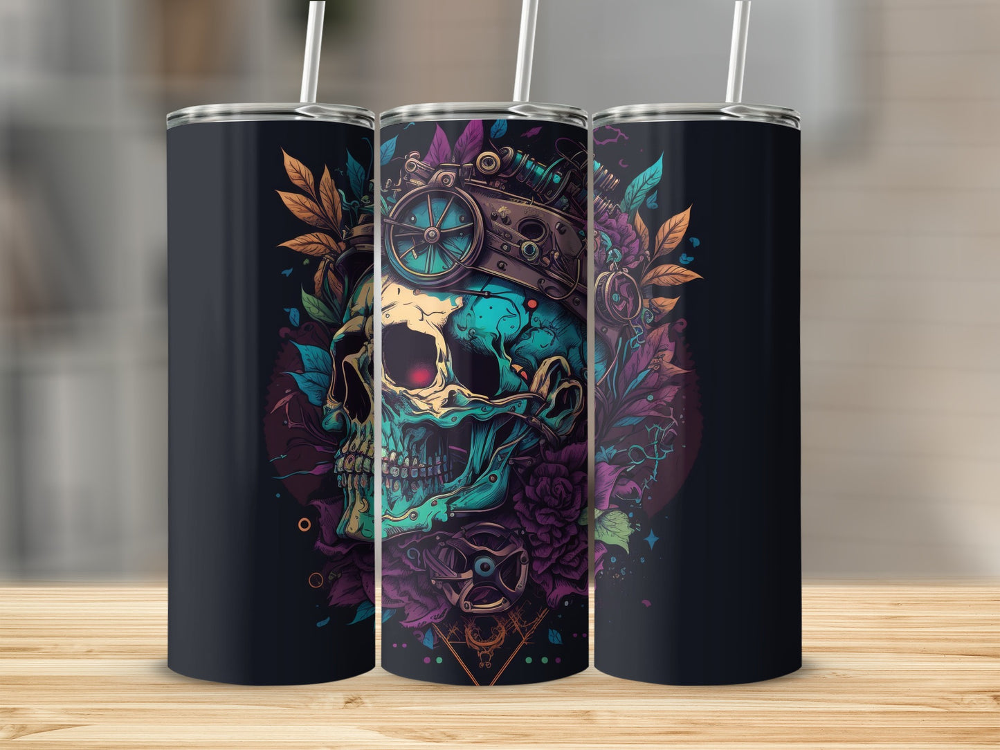 Steampunk Skull and Floral Design Insulated Tumbler