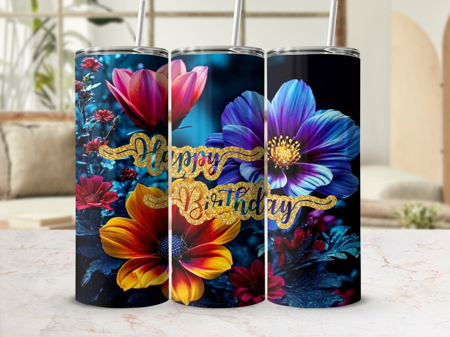 Three tumblers with floral designs and "Happy Birthday" text.