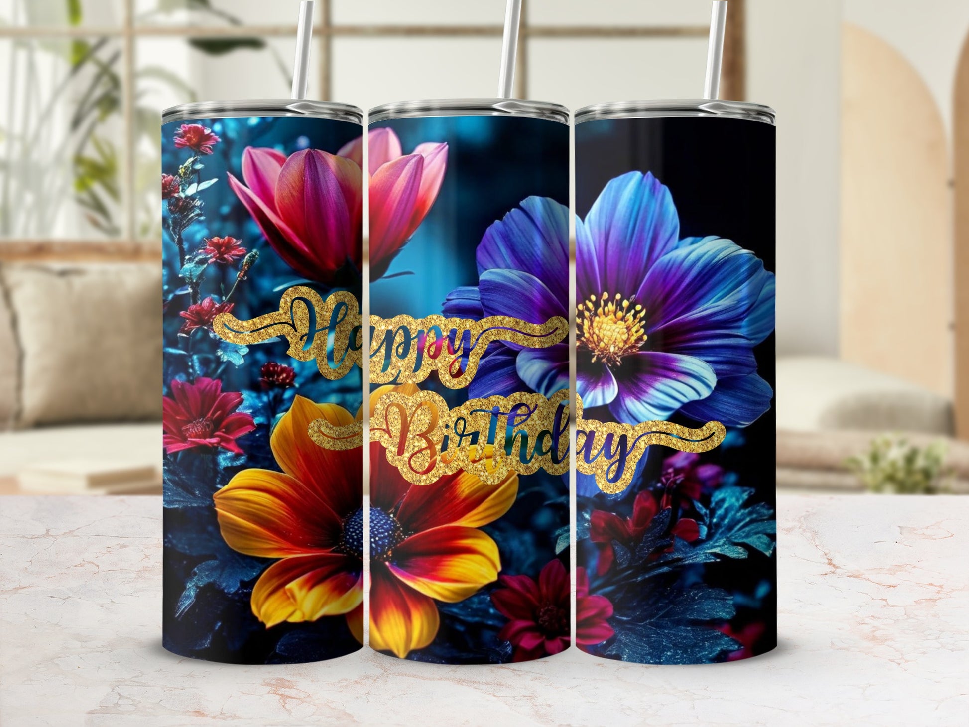 Three tumblers with floral designs and "Happy Birthday" text.