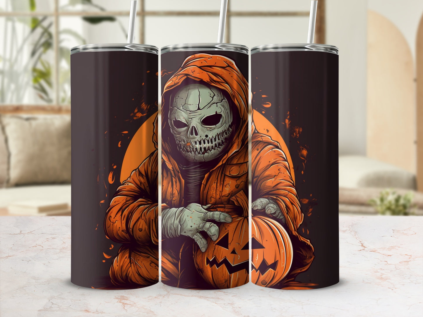 Halloween grim reaper and pumpkin illustration on three tumblers.