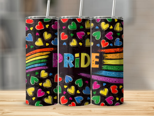 Three tumblers with rainbow heart pattern and "Pride" text.