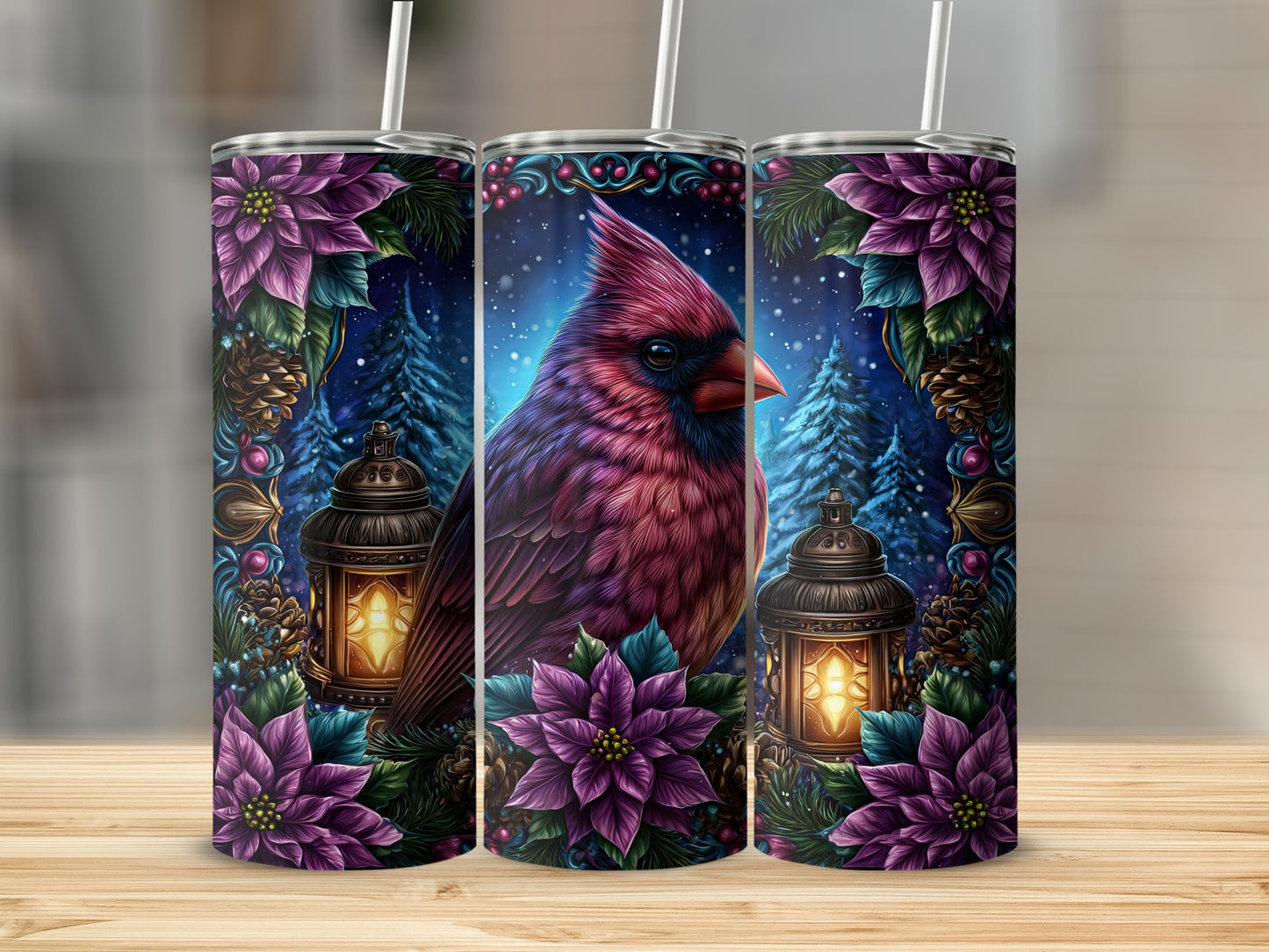 Festive Cardinal and Poinsettia Themed Tumbler Product