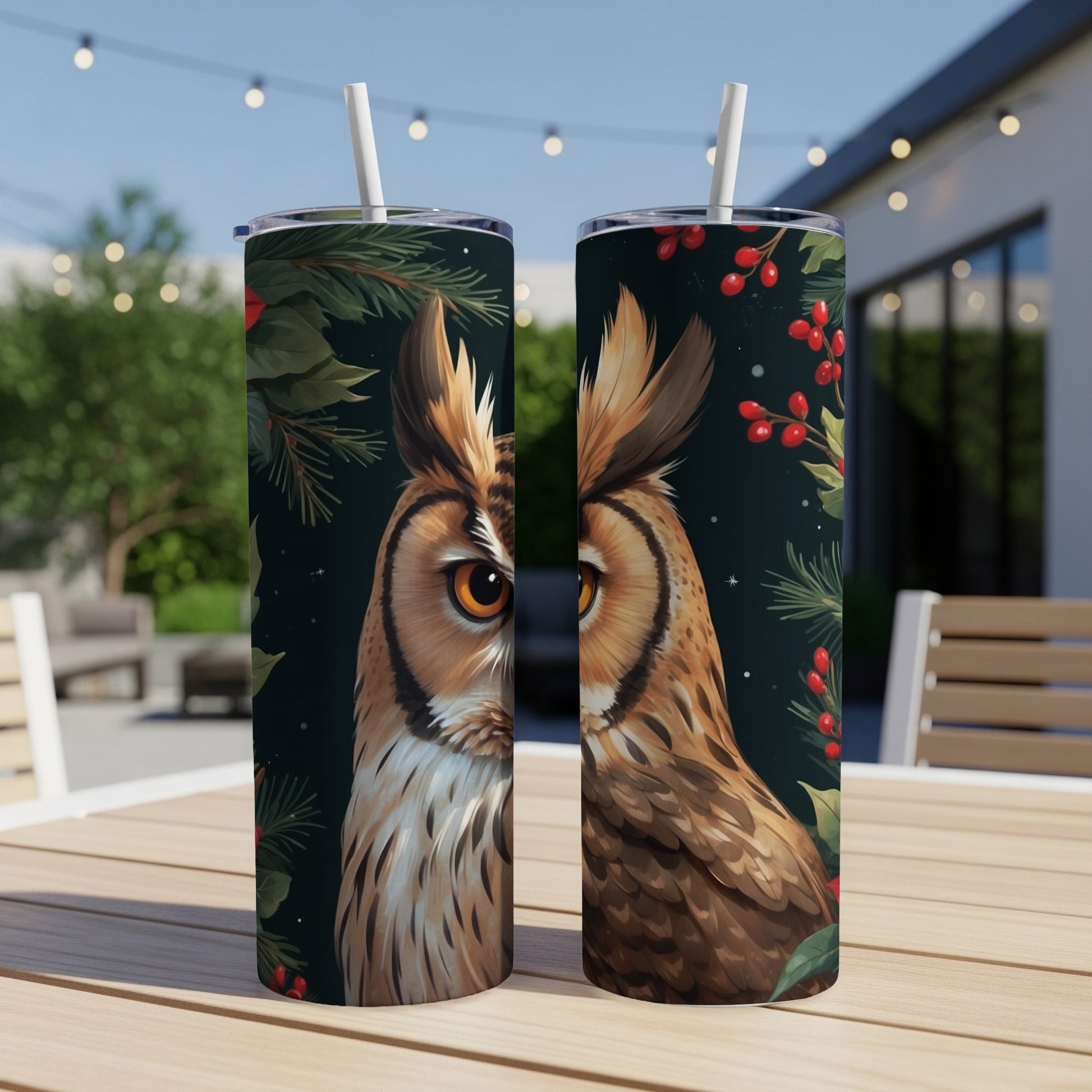 Two tumblers featuring a close-up of a detailed owl face with pine needles and berries.