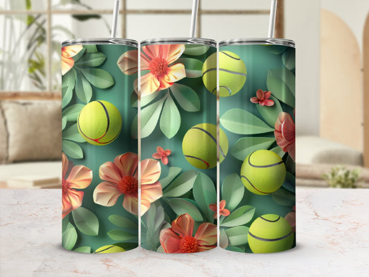 Tennis balls and flowers on a green, textured background.