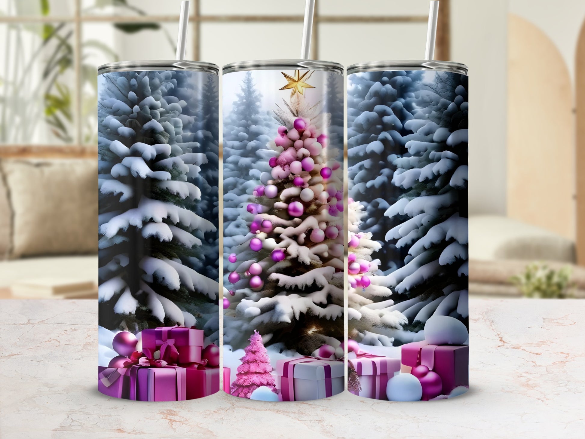 Vibrant holiday tumblers with snowy scene and gifts