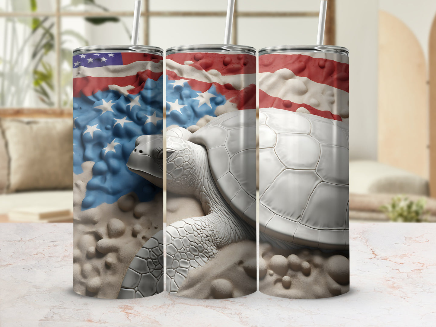Three tumblers featuring a sea turtle and American flag design.