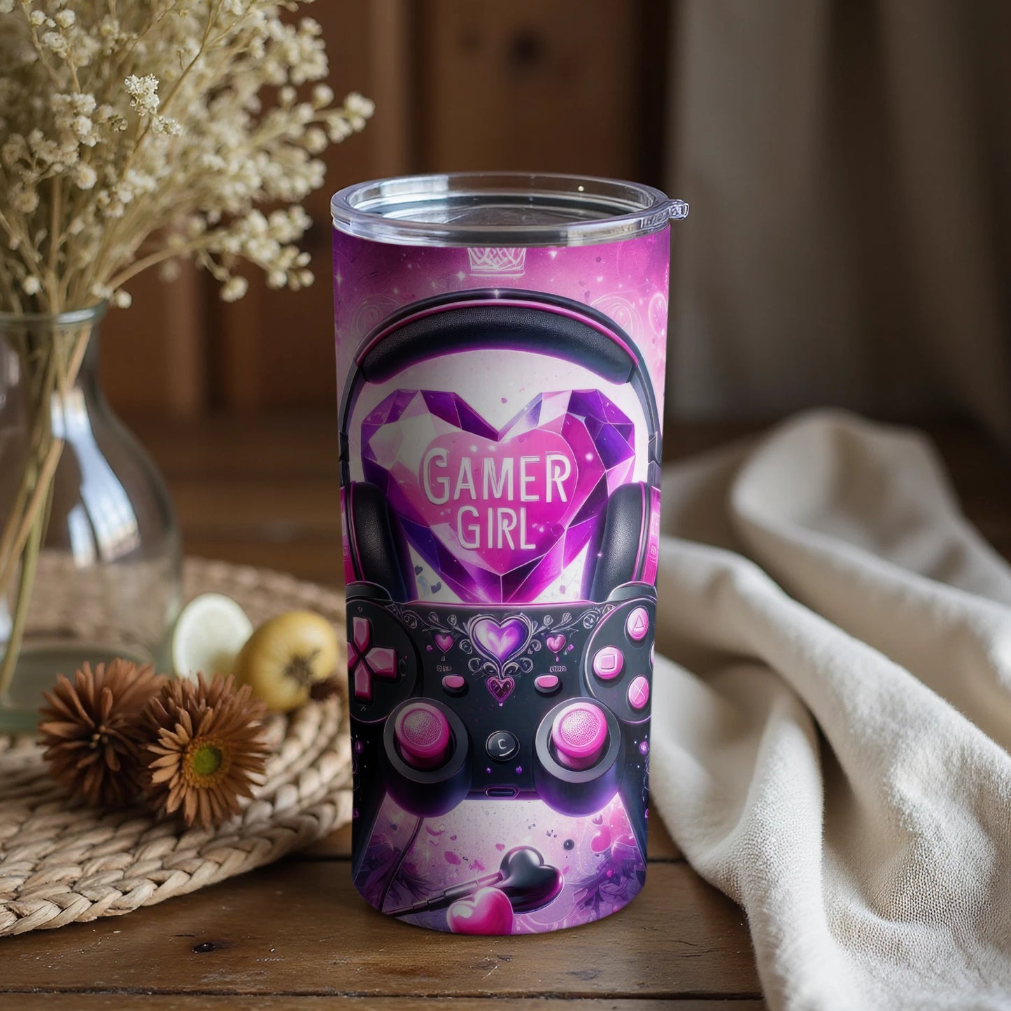 Gamer Girl Heart Headphones Print Tumbler Product