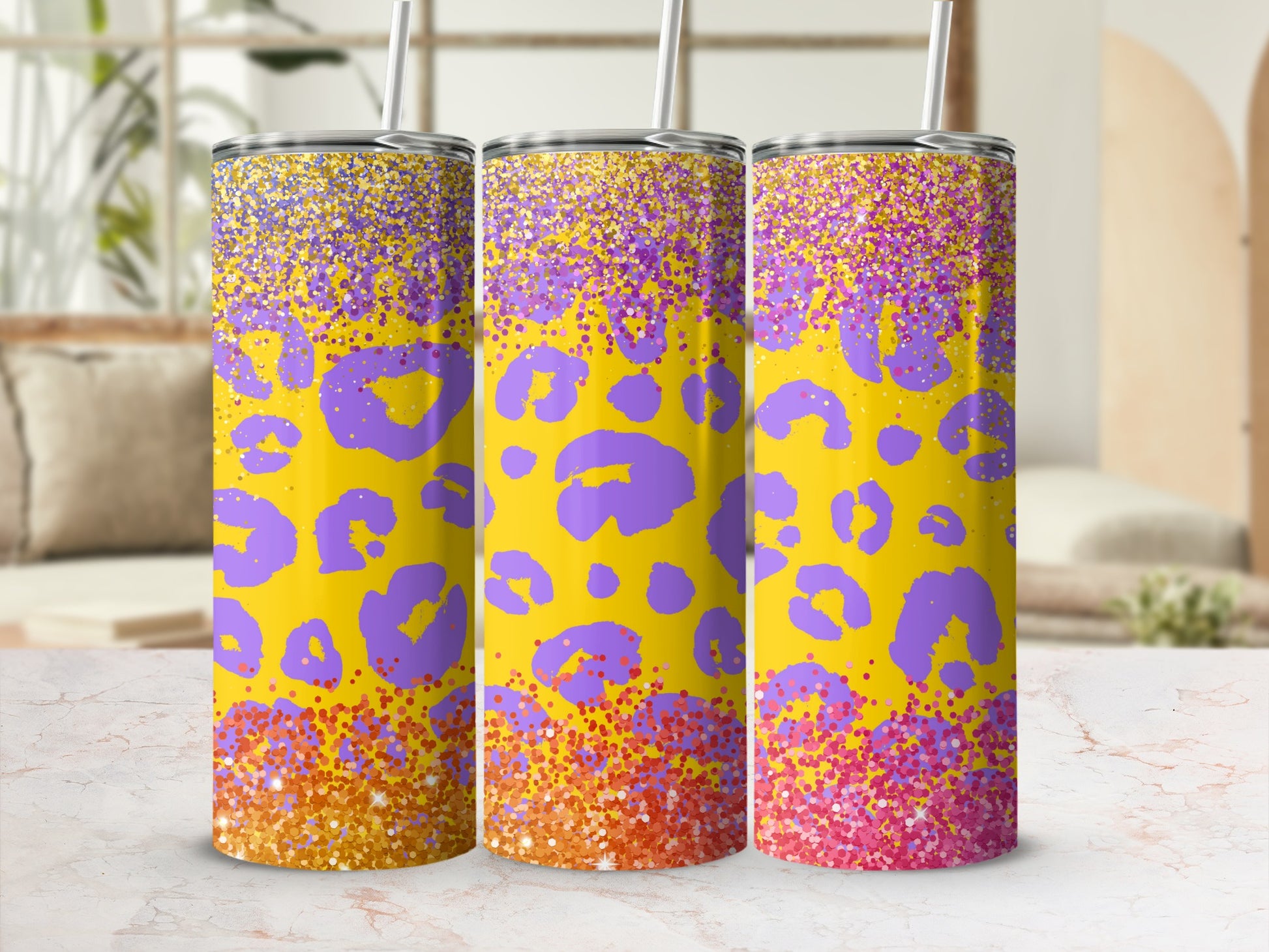 Vibrant Leopard Print and Glitter Tumbler Cup Design