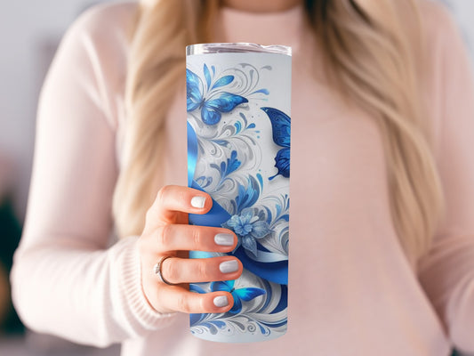Elegant Blue Butterfly and Floral Insulated Tumbler