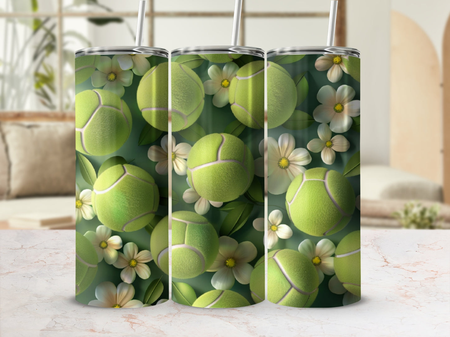 Green tennis balls and white flowers pattern on a tumbler.