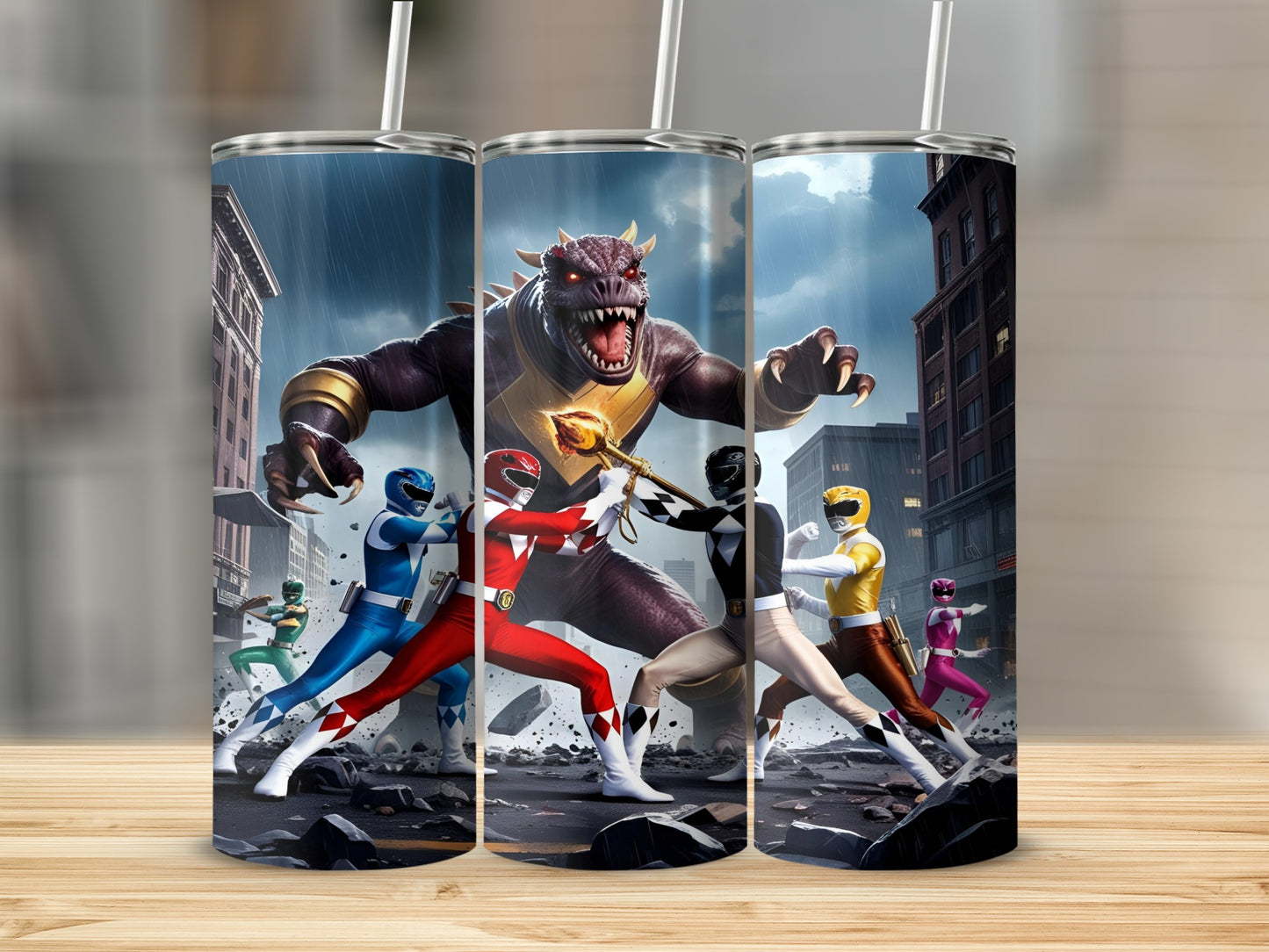 Power Rangers battling a large monster in a city.