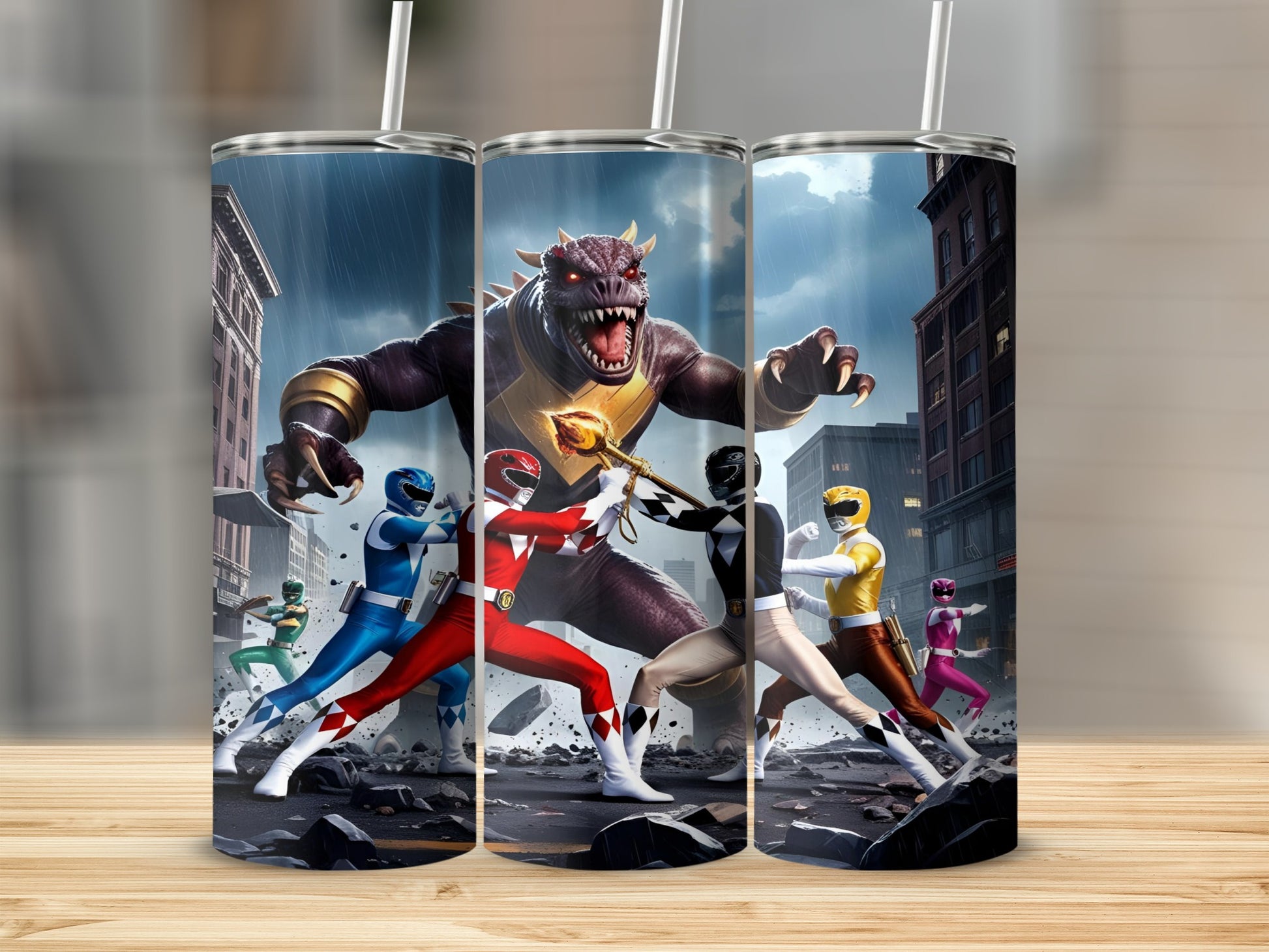 Power Rangers battling a large monster in a city.
