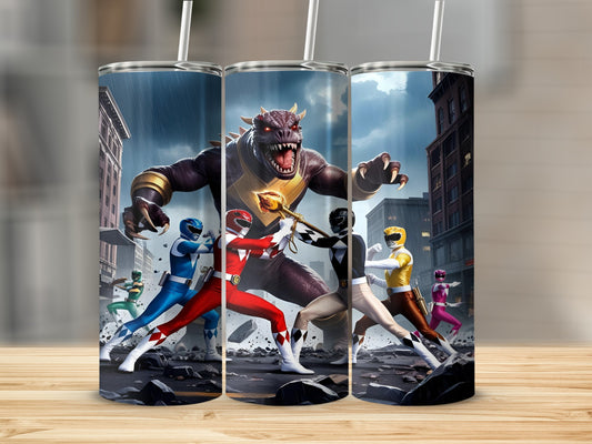 Power Rangers battling a large monster in a city.