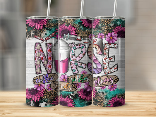 Nurse-themed tumbler with "Coffee, Scrubs, Gloves" text and floral accents.