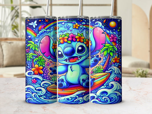 Stitch riding a surfboard with tropical flowers and rainbow.