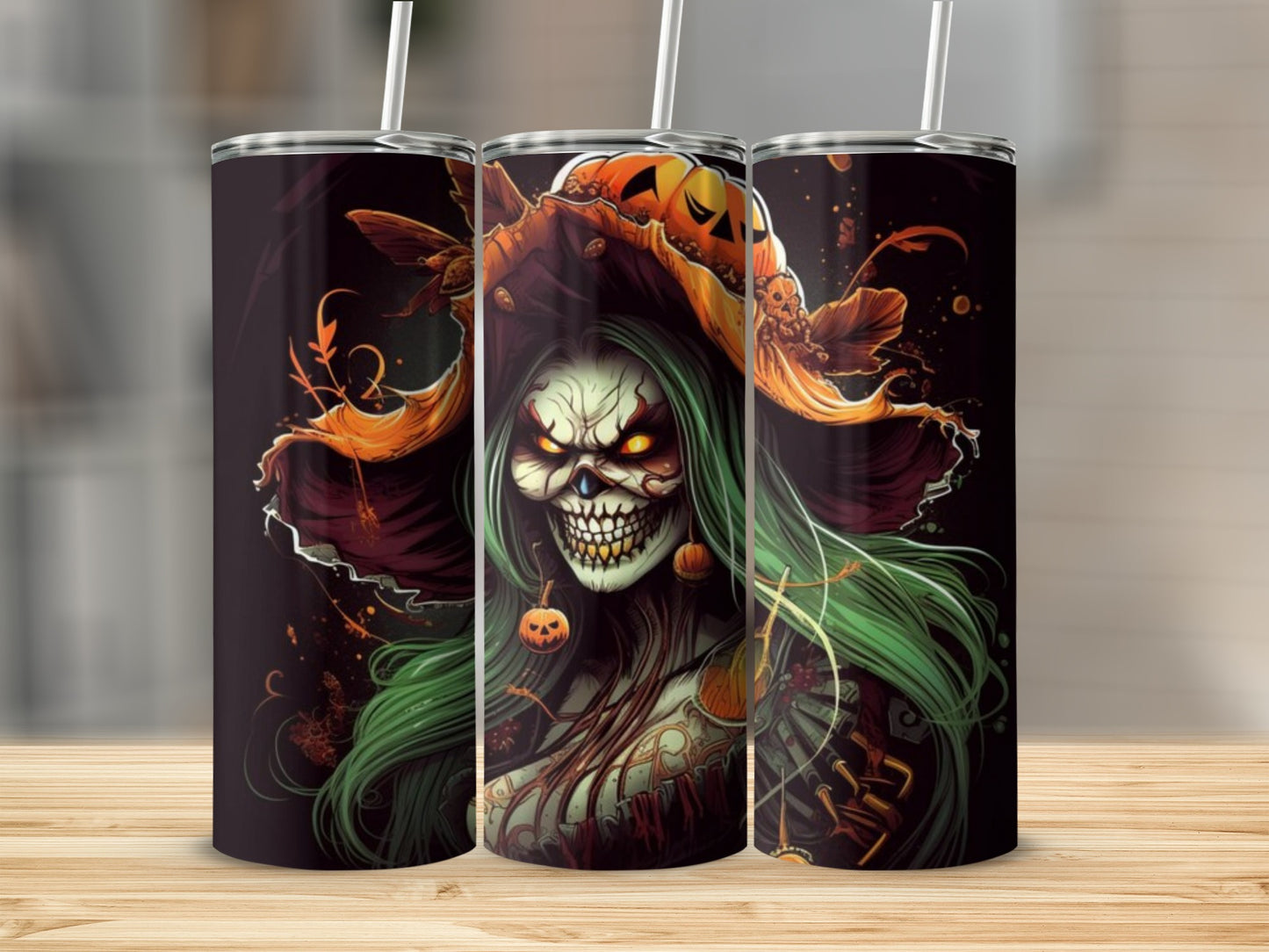Three tumblers featuring a spooky, grinning character with green hair and a pumpkin hat.