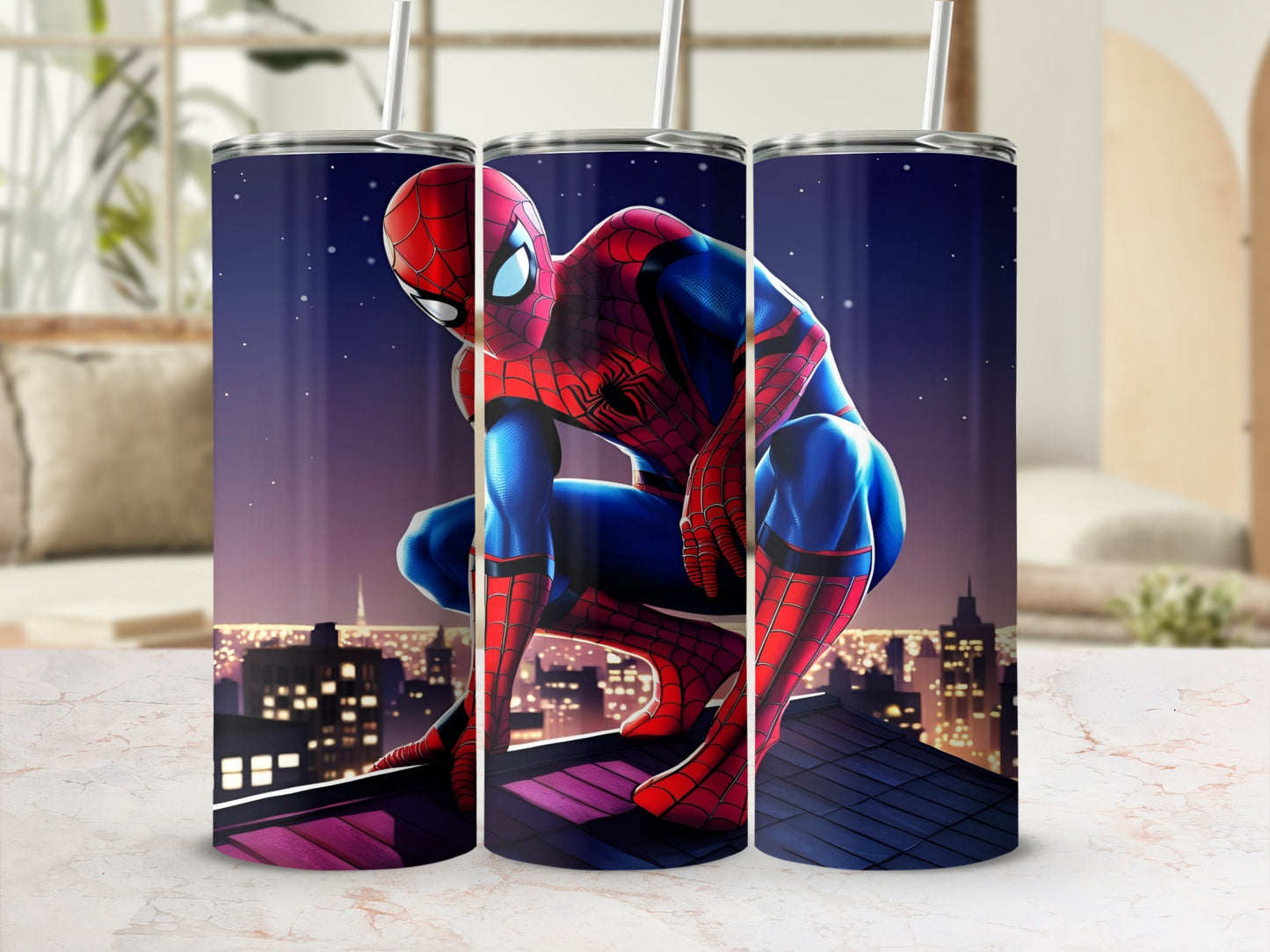 Spider-Man crouching on a rooftop overlooking a city at night.