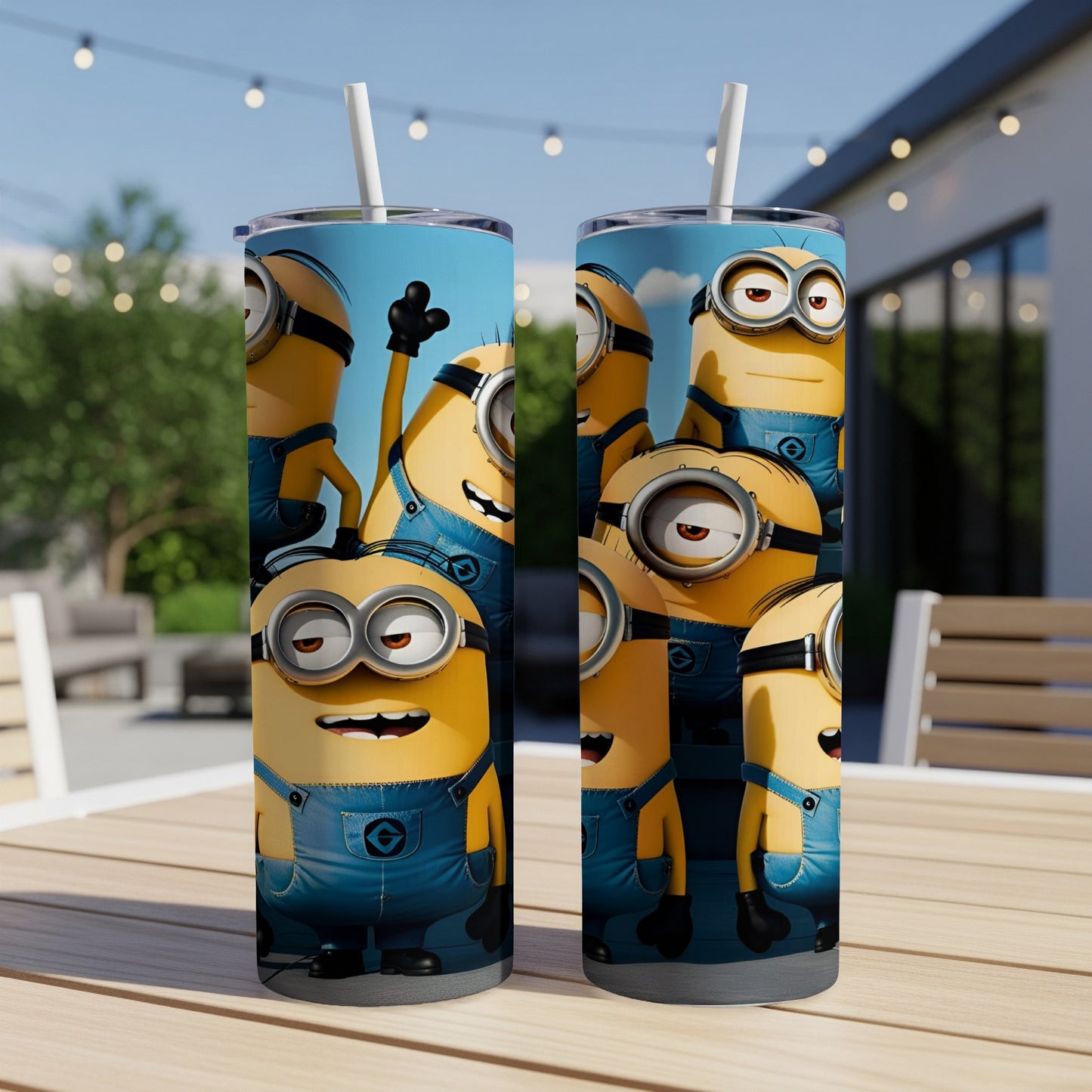 Minions characters in denim overalls on a blue and white striped tumbler.