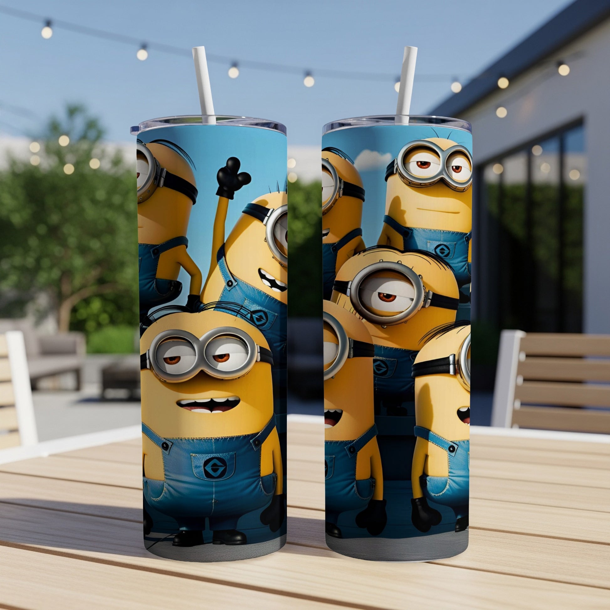 Minions characters in denim overalls on a blue and white striped tumbler.