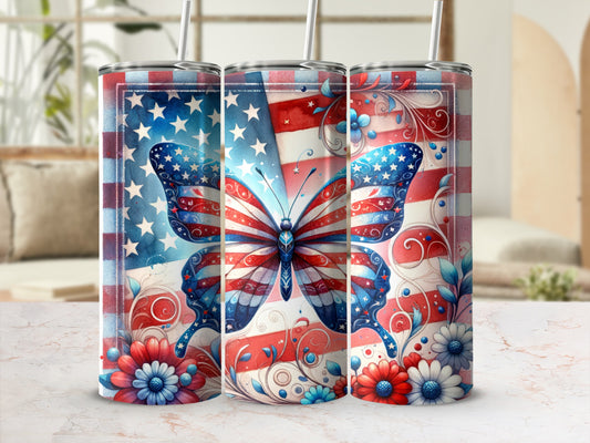 American flag butterfly and flowers on a patriotic tumbler.