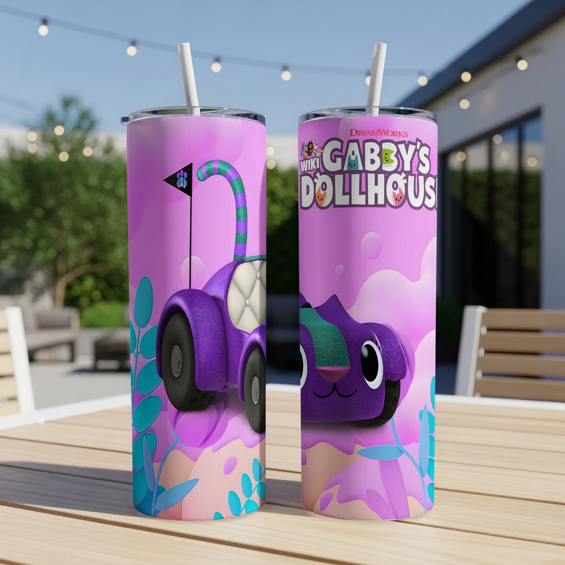 Gabby's Dollhouse character Pandy Paws on a purple car tumbler.
