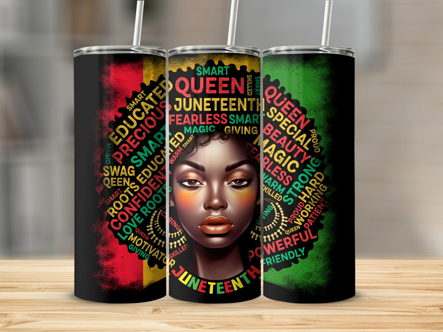 Juneteenth tumbler with portrait of Black woman, surrounded by empowering words.