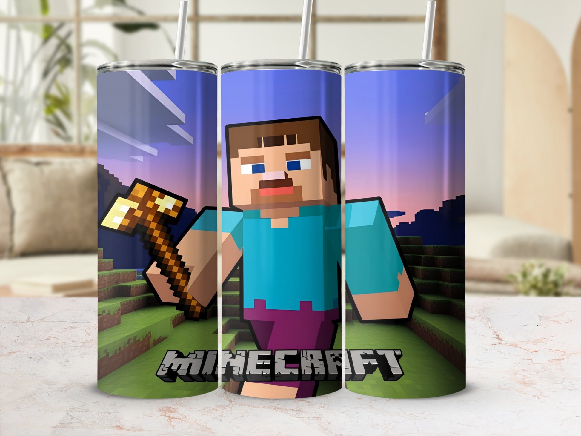 Minecraft character Steve holding a golden pickaxe on a tumbler.